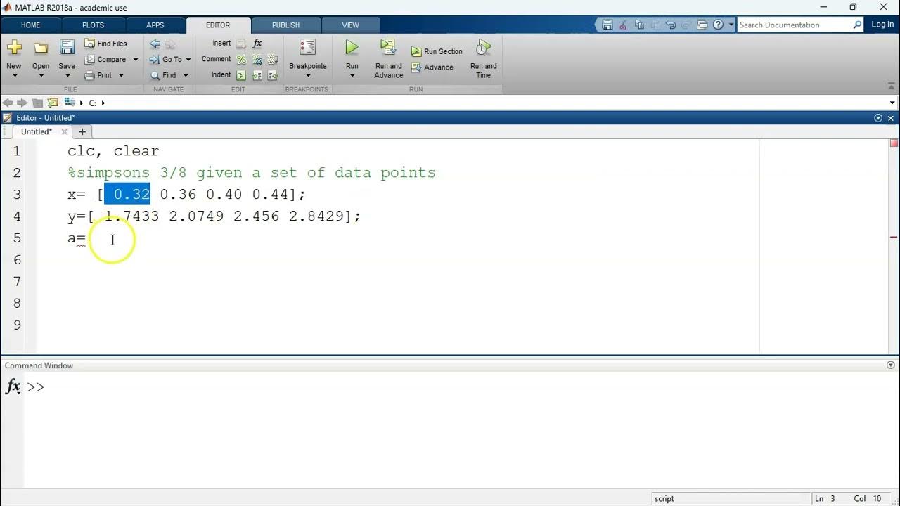 Matlab Code for Simpsons 3/8 rule (given a set of data points) - YouTube