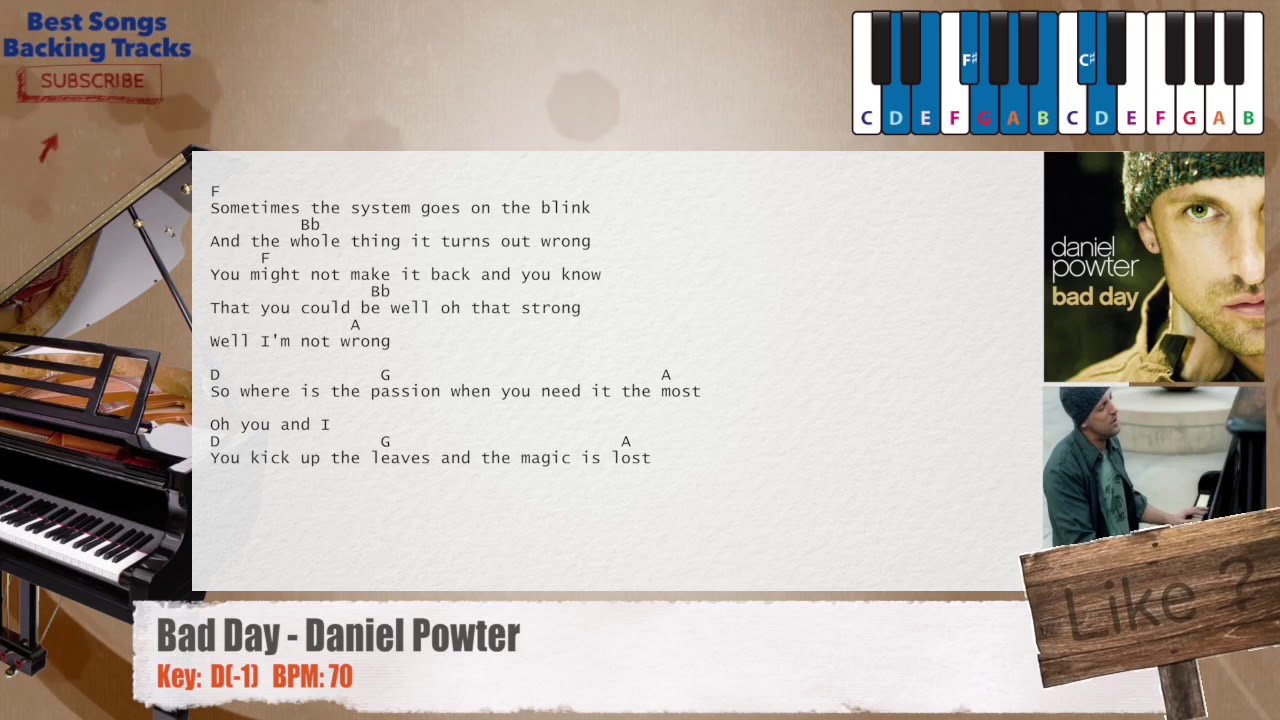 Bad Day Daniel Powter Piano Backing Track With Chords And Lyrics Youtube