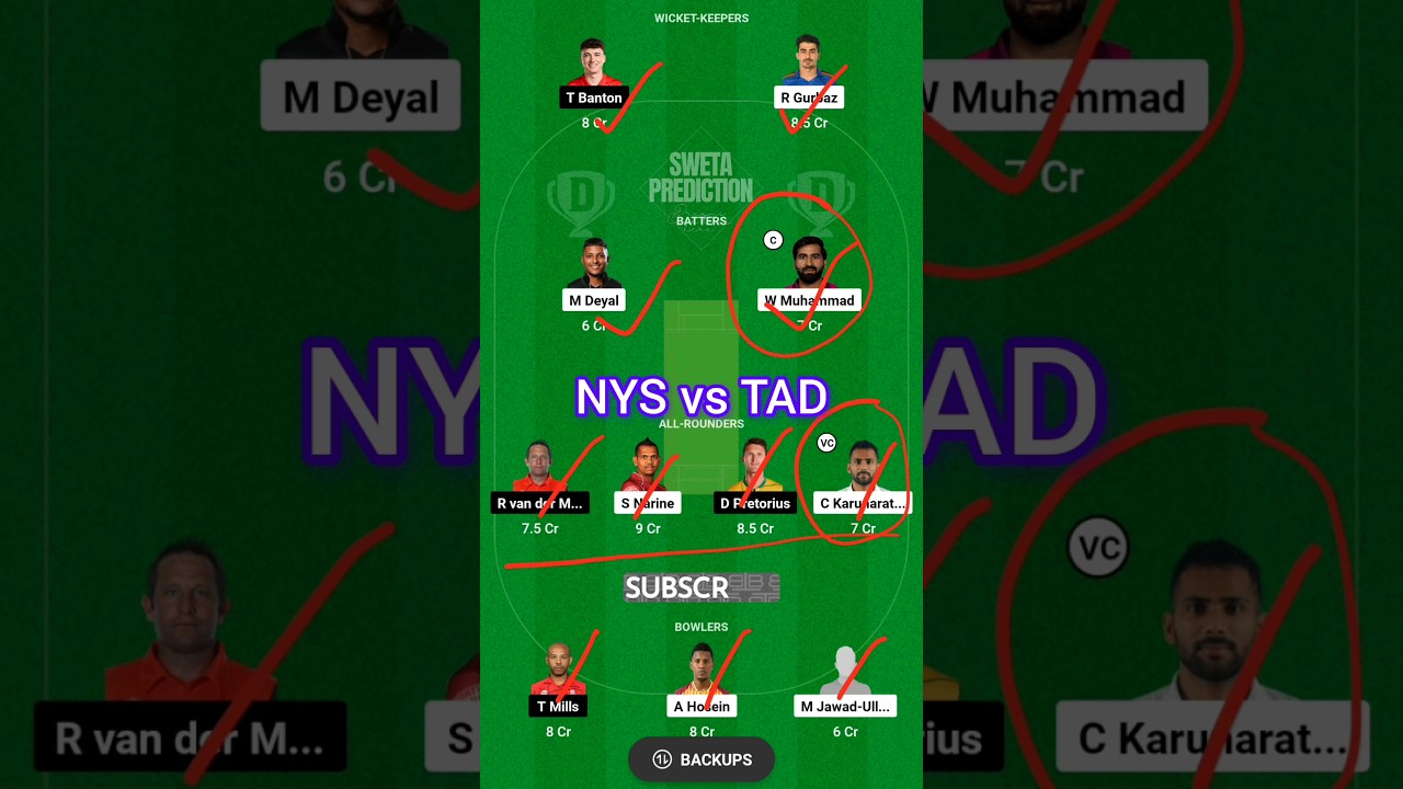 NYS vs TAD Dream11 team | NYS vs TAD dream11 Prediction | NYS vs TAD Dream11 Team Today 