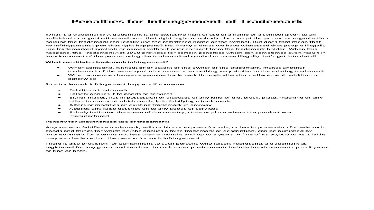 Penalties for Infringement of Trademark