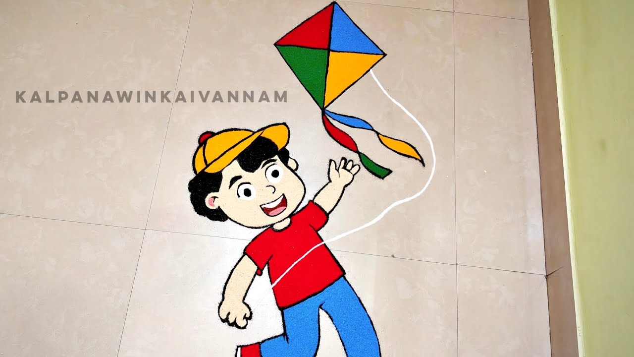 Freehand Rangoli 🎉🏃🚶 Little boy with 🪁 🪁🪁 Kite floor art 🥳✨