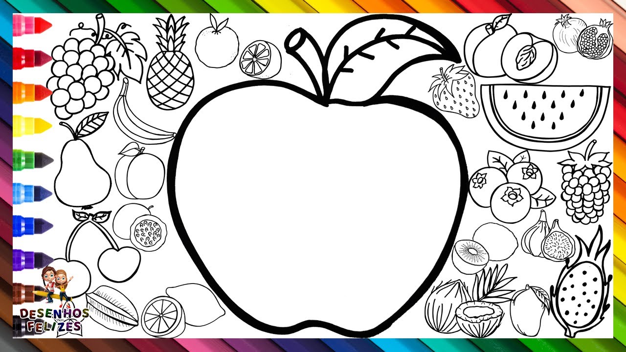 Desenhar E Colorir 23 Frutas 🍎🍊🍋🥝🍇🍉🍍🍌🍏🫐🍓🥭🍐🍈🍑🥥🍒 Desenhos para Crianças