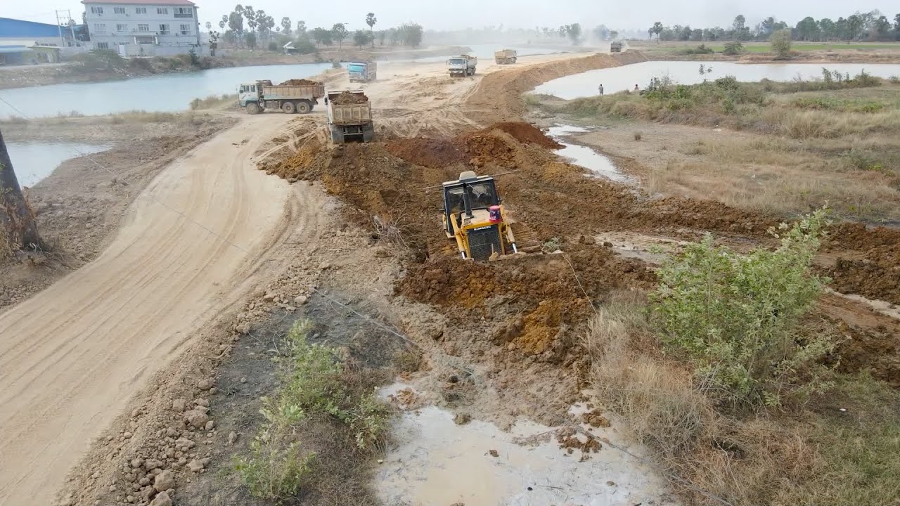 Best Activities Resize Road Construction On Canal Using Bulldozer KOMATSU Push Soil ,Truck Dumping