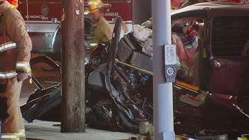 Pickup Truck Impacts LAFD Ambulance, Utility Pole, Leaving 2 Trapped in Collision Wreckage