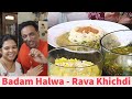 Badami Halwa - Breakfast Rava Khichdi - Hot Tomato Chutney - Halwa With Almonds with Suji Pongal