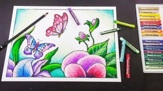 Cara Mudah Gradasi Warna Crayon pada Gambar Kupu-kupu dan Bunga | Oil Pastel Drawing