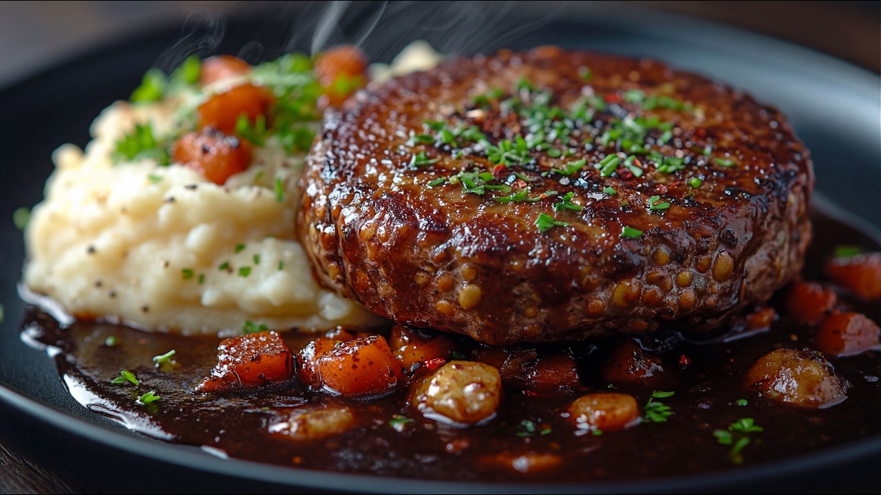 Veganes Linsensteak mit Kartoffelpüree und dunkler Soße