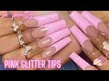 Xl Pink glitter french tip acrylic nails tutorial |acrylic nails full set |french tip nails beginner