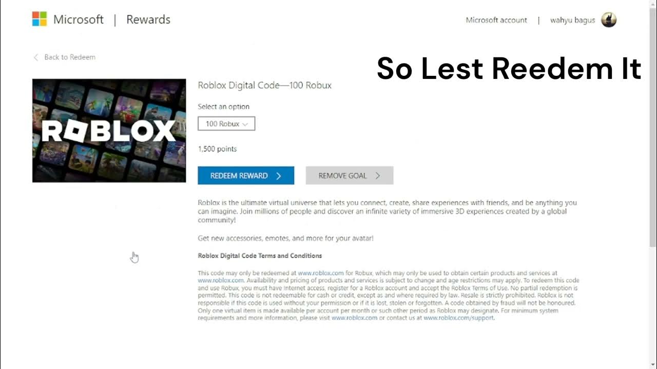 Microsoft Rewards Roblox-kode-100 Robux Change goal 1500 of 1500