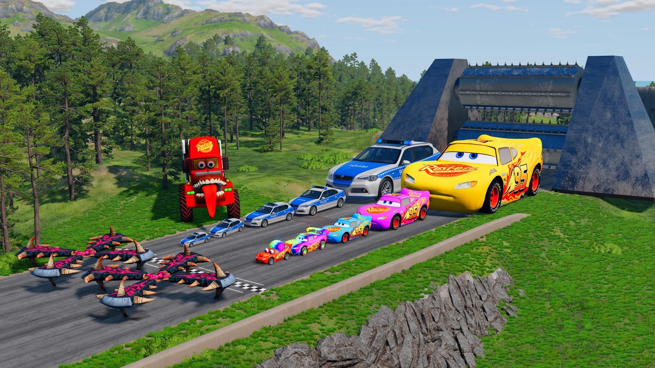 Big & Small McQueen & Police Car vs Zombie Mack, Giant Speed Bumps Downhill Race – BeamNG.drive