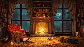 Relaxing Fireplace and Rain 🔥 Slow Jazz for Good Sleep 🌧️ Cozy Rain and Fireplace Sounds at Night