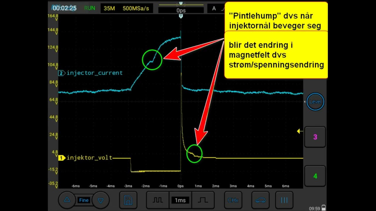 Testing av spenning og strømpulser på Corvetter C5 injektor