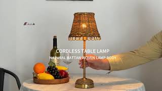Exclusive Modern Rechargeable Rattan Table Lamp With Pleated Shade for Home Cordless Table Light