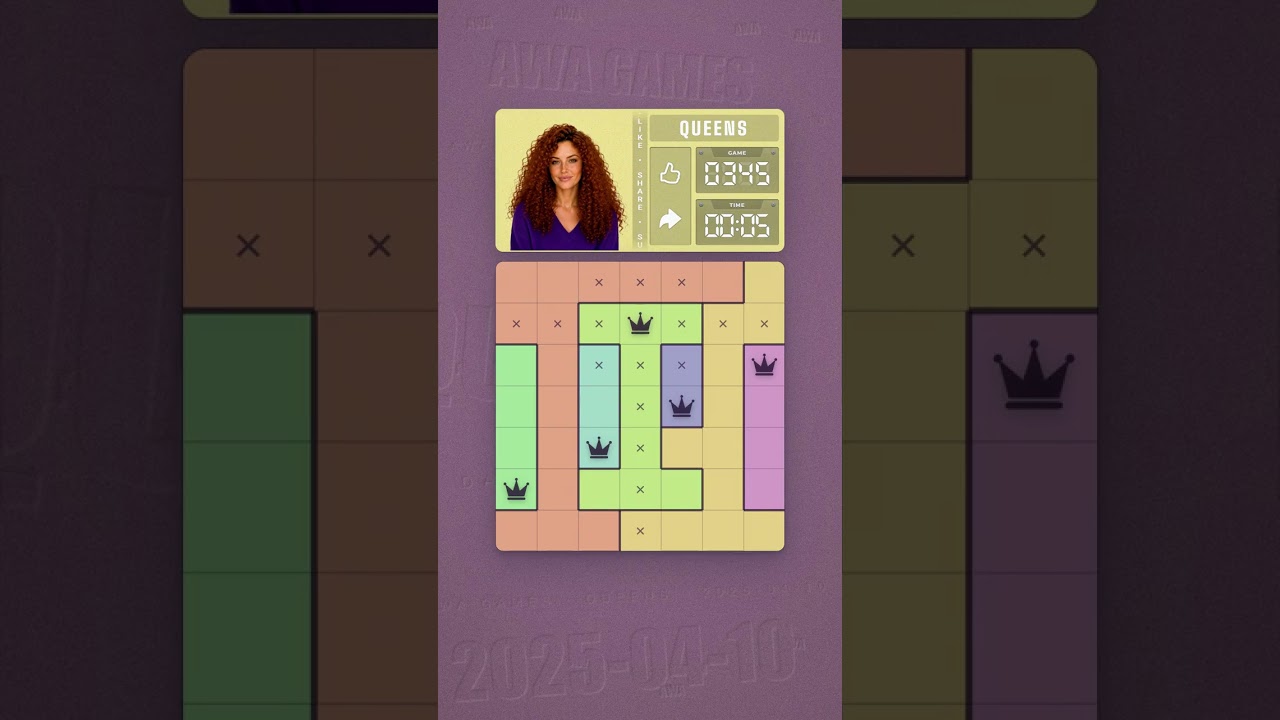 LinkedIn Queens #345 solved board for April 10, 2025, 7x7 grid