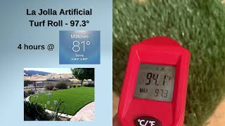 In this unofficial temperature test, we placed samples of 13 different kinds of artificial turf in direct sun for at least 4 hours. The air temperature at the time of testing was 81 degrees in Milltown, Wisconsin. All turf samples were green in color and the temperature measurements were taken using an infrared thermometer. 
This test did reveal that artificial turf does in fact heat up, but the level to which it heats varies depending on the material, thickness and design of the the artificial turf. At the low end of the range was La Jolla Artificial Turf which recorded a max temperature of 97.3 degrees Fahrenheit. At the high end of the range was the True Turf with a reading of 1401.1 degrees.
Something to keep in mind if you are concerned with artificial turf getting too hot to walk on is that it can be cooled down by spraying it with water. You can prevent it from getting hot by providing shade or choosing a turf material that is known to resist heating. Choosing a light colored turf will also help keep the turf cool.