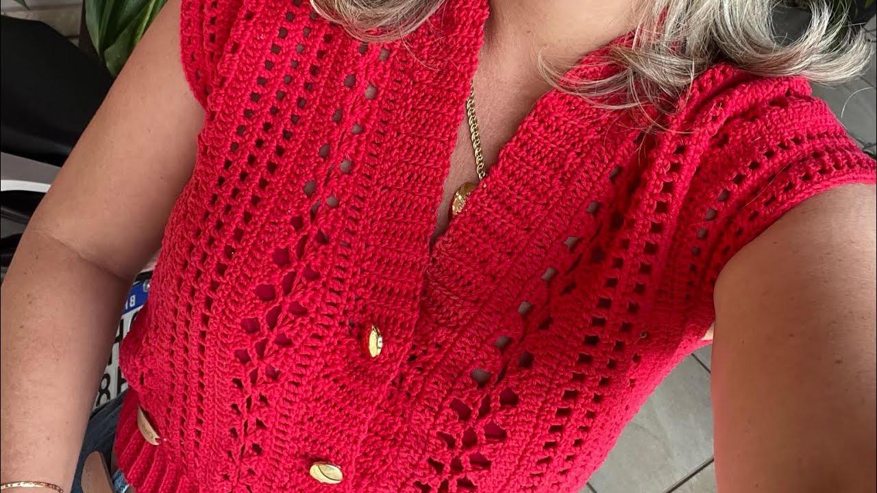 Blusa vermelha de crochê decote V ! Blusa com ponto sanfona ! Blusa para o Natal !