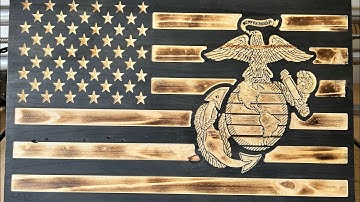 Distressed USMC American flag carved on pine using the @OnefinityCNC and @vectric