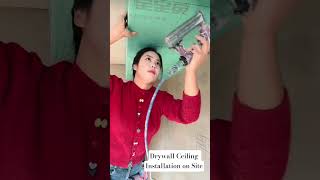 Female Worker Securing a Drywall Ceiling#usashorts #homerenovation