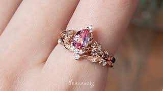 Pear Cut Padparadscha Gladiolus Flower Nature Inspired New Art Nouveau Bridal Ring Set - Cordelia