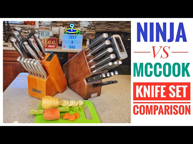 Ninja K52015 Foodi NeverDull 15 Piece Premium Knife System, Wood Series Block, German Stainless Steel, with Built-in Sharpener, Stainless Steel