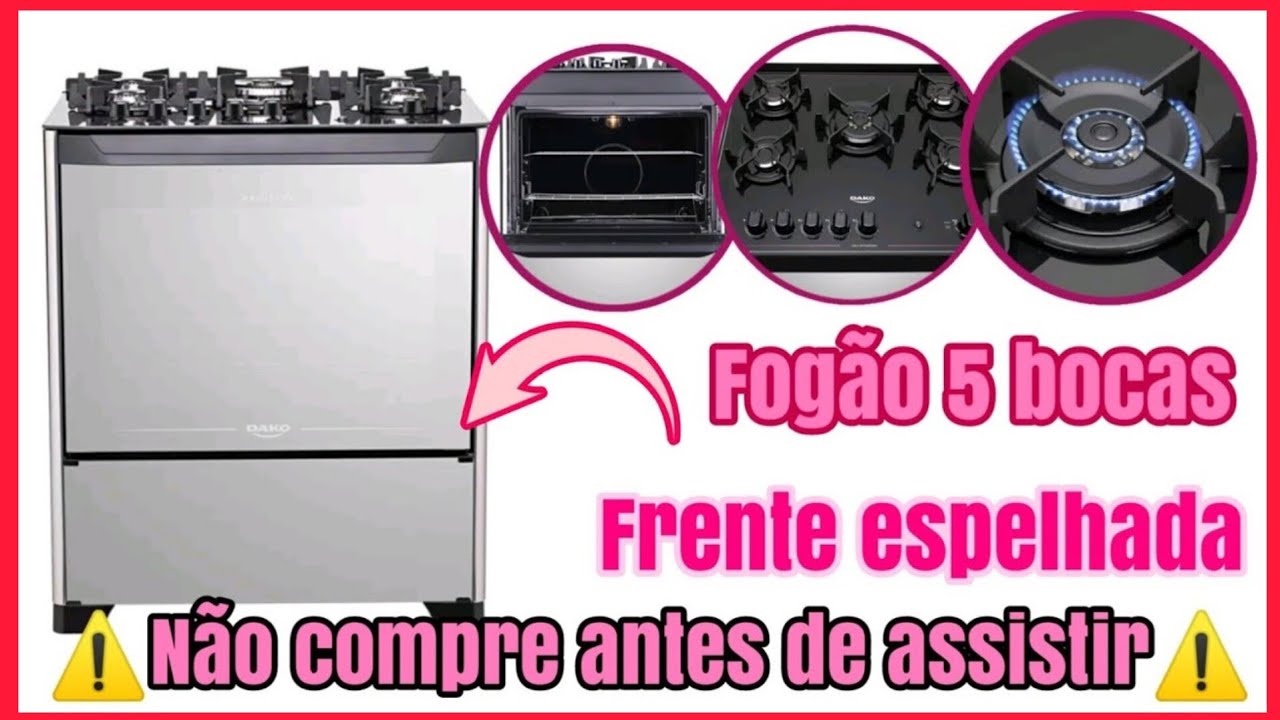 RESENHA DO FOGÃO DAKO 5 BOCAS Magister style chama tripla  FRENTE TODA  ESPELHADA - Mesa de vidro !!