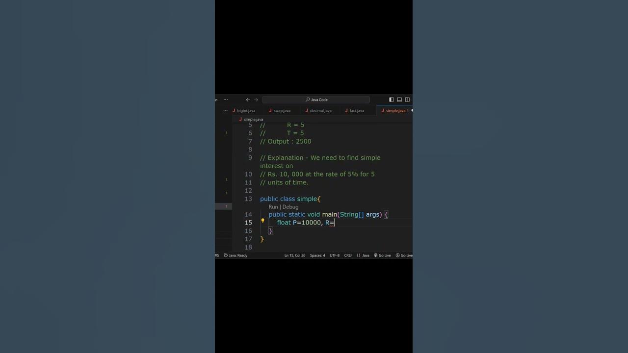 calculate simple interest in java #java #javainterview #code #coding ...