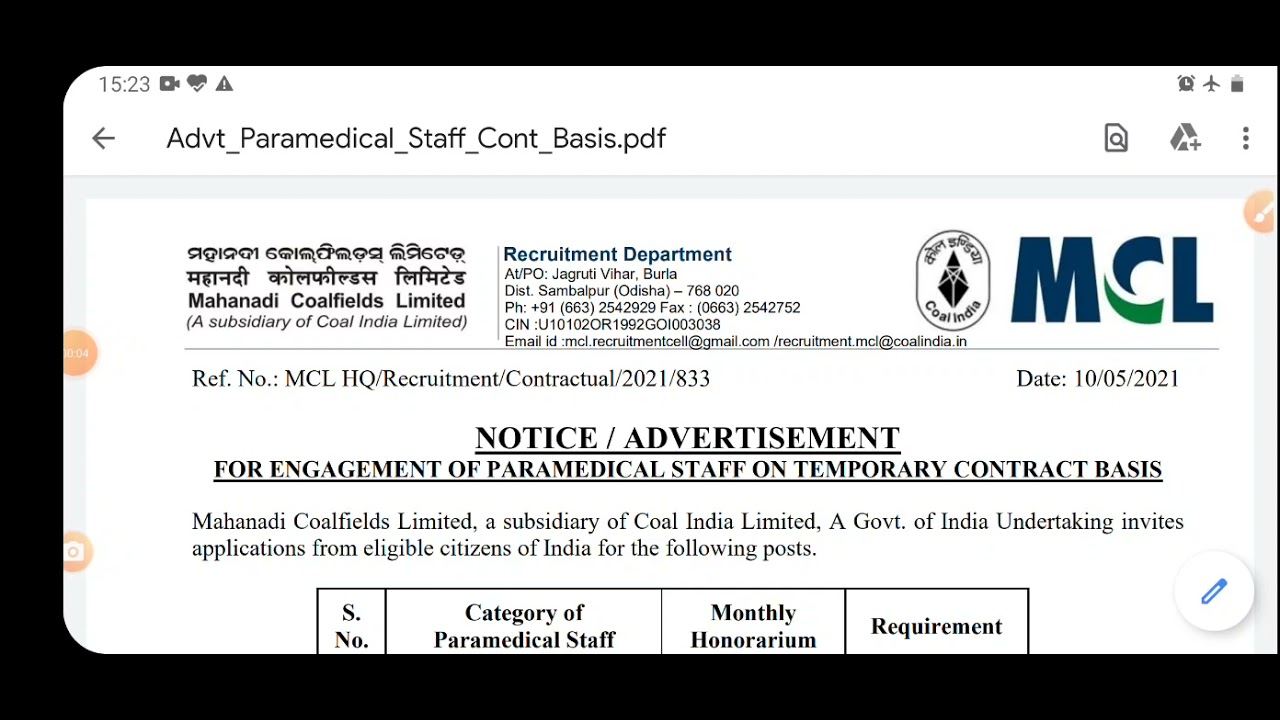 Mahanadi coalfield ltd! Covid19!para medical staff  recruitment! 2021