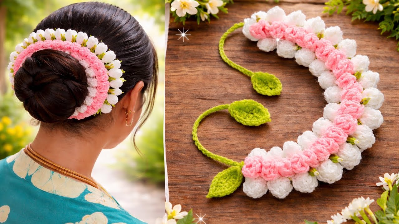 New Handmade Pink Crochet Jasmine  gajara /gajra headband headpiece Avnyara by Art Tales Handmade Crochet Gajra for Women  main image 4