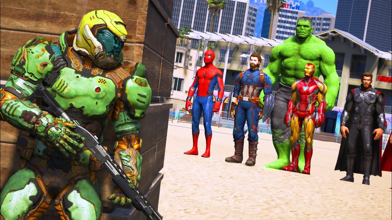 Gta 5 Beach Battle The Avengers Vs Doomguy Superheroes Vs Devil Hunter Youtube