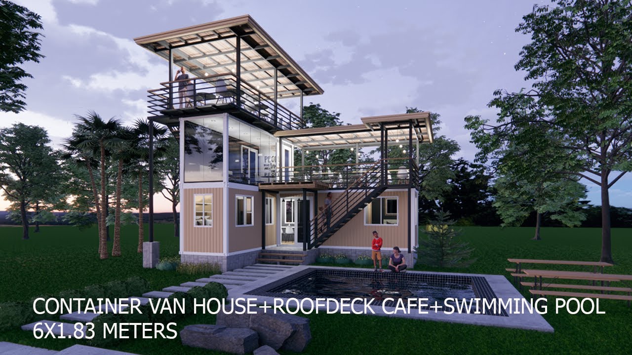 Container Van House Design+Roofdeck Cafe+swimming pool