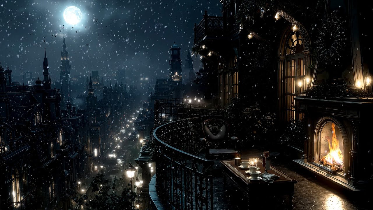 Balcony Gothic Castle Ambience | Dark Classical Academia , Haunting Piano & Relaxing Snowy Night