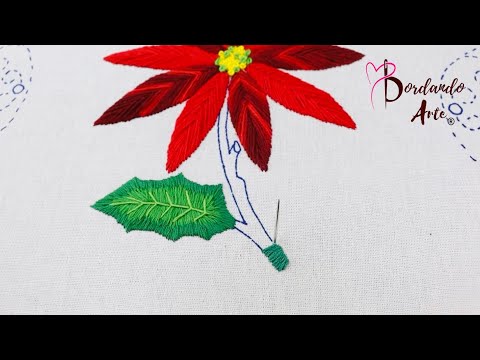 BORDADO DE HOJA Y TALLO PARA FLOR DE NOCHEBUENA NAVIDEÑO | HAND EMBROIDERY EASY STITCH
