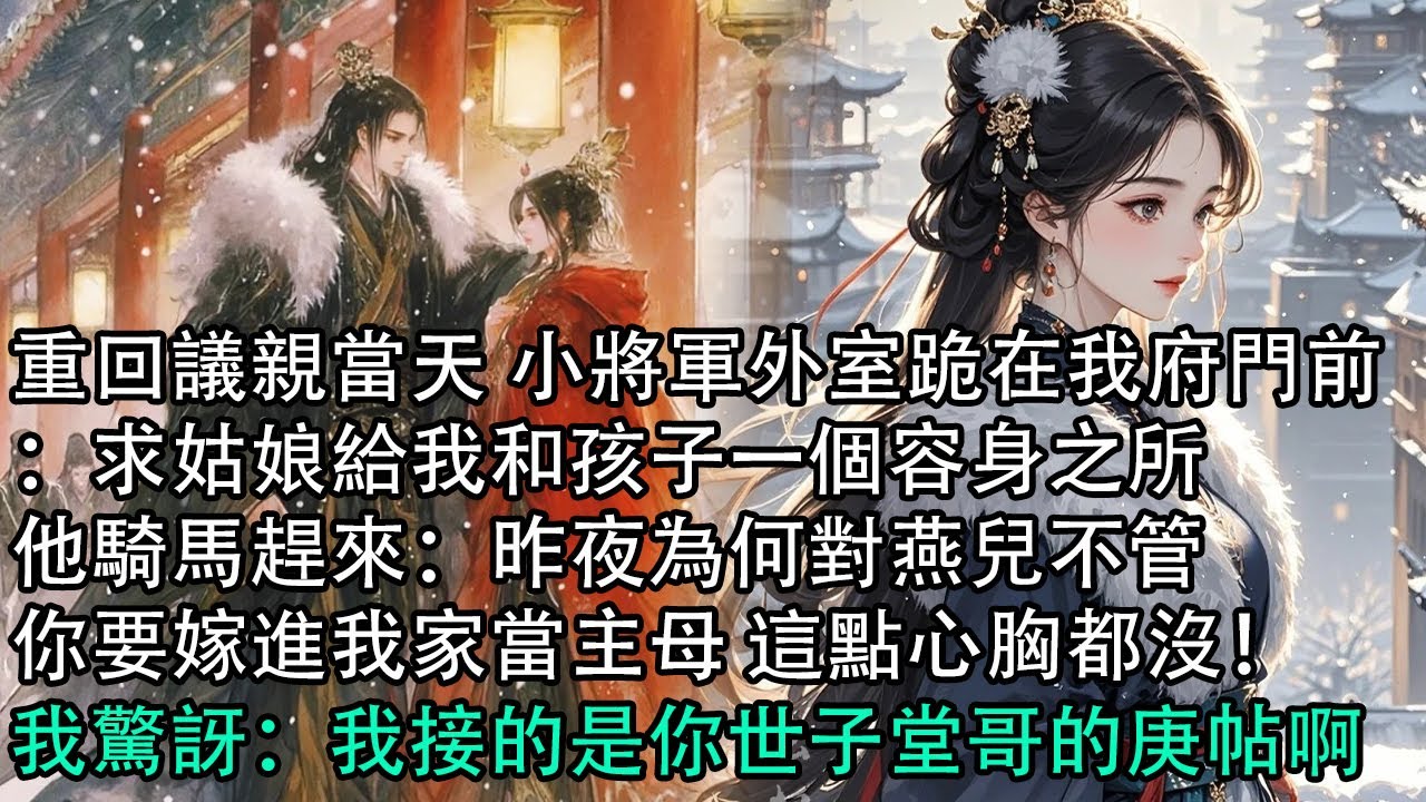 【一口氣看完】重回議親當天 小將軍外室跪在我府門前：求姑娘給我和孩子一個容身之所，他騎馬趕來：昨夜為何對燕兒不管，你要嫁進我家當主母 這點心胸都沒！我驚訝：我接的是你世子堂哥的庚帖啊