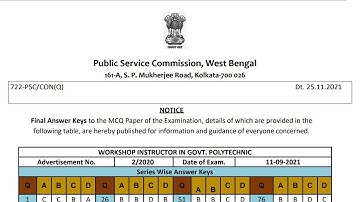 WBPSC Workshop Instructor final Answer Key Released 2021 || WBPSC Latest Update