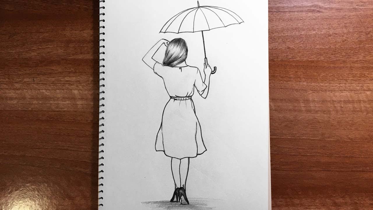 How to draw a girl holding an umbrella in the sun Easy girl drawing