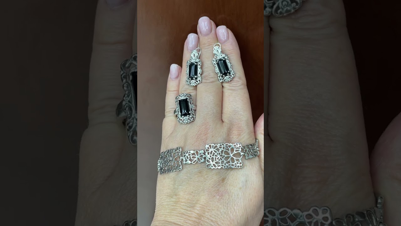 КЛАССНО! Черный АГАТ+Винтажные серебряные узоры Браслет без камней. Кольцо и серьги.           Цены👇