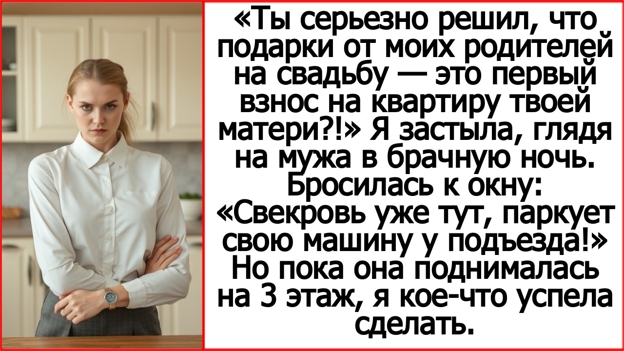 Ты серьезно решил, что подарки от моих родителей на свадьбу это первый взнос на квартиру твоей маме?