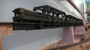 First train over the new bridge, N-scale NPBH.