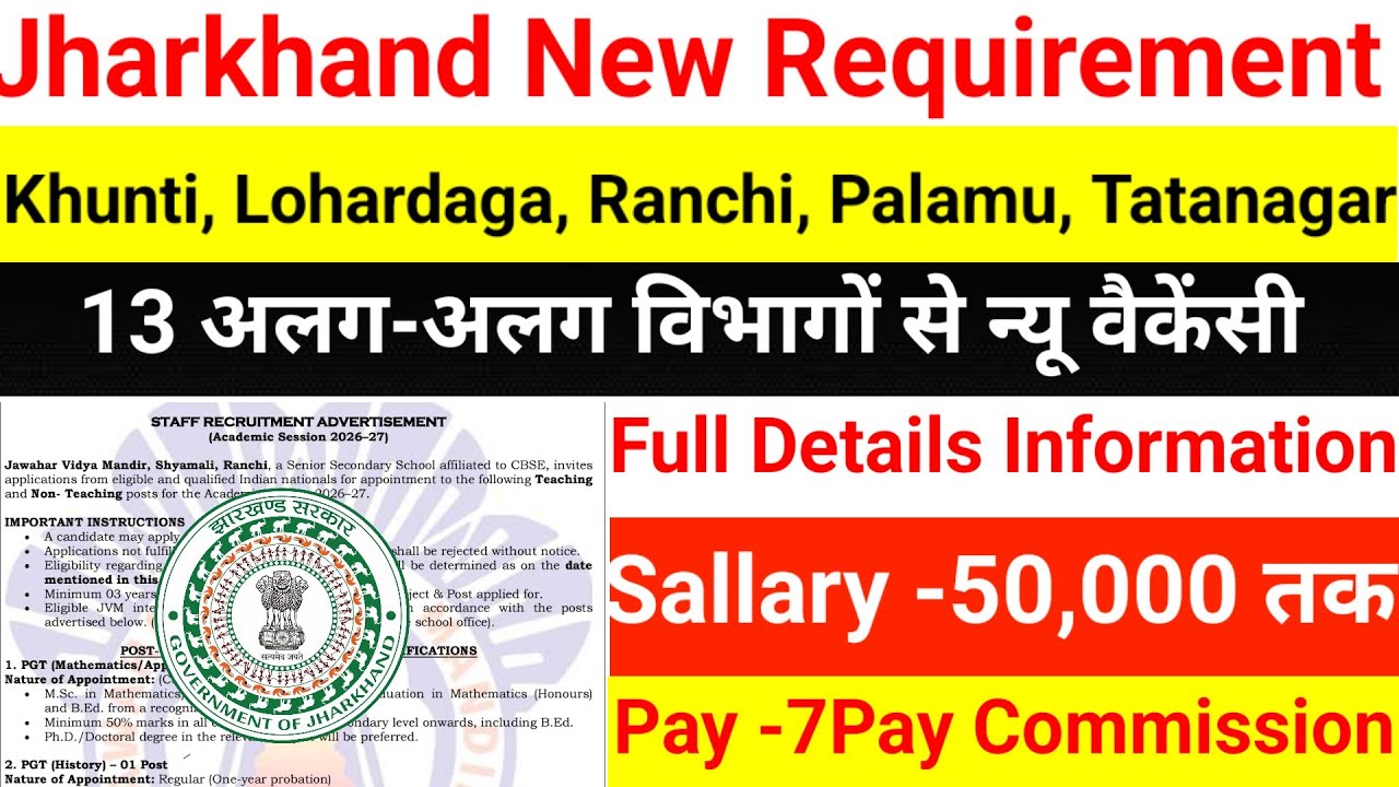 Khunti, Lohardaga, Ranchi, Palamu, Tatanagar से 13 विभागों से न्यू वैकेंसीJharkhand new vecancy 2026