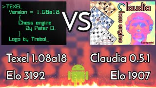 Ancient chess engines clashing in a masterful game | Texel 1.08a18 Vs Claudia 0.5.1 | Reti Opening | screenshot 2