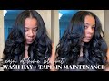 EASY AT-HOME BLOWOUT | FULL WASH DAY ROUTINE, TAPE-IN MAINTENANCE WHILE WORKING OUT, MY OPINION