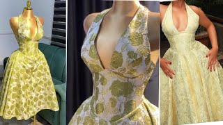 How to cut this halter neck open back flare gawn with rope and basque waist line
