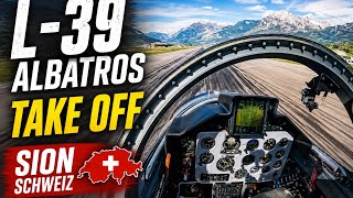 L-39 Fighter Jet Take Off in Sion Switzerland to Matterhorn Swiss Alps. Pilot Helmet Camera