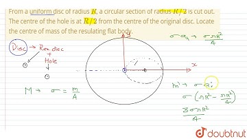 From a uniform disc of radius `R`, a circular section of radius `R//2` is cut out. The centre of...