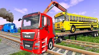 Funny Cars vs Flatbed Trailer Truck Car Rescue Bus - Cars vs Stairs Colors - Cars vs Deep Water