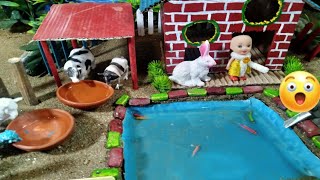 DIY Farm Diorama With house for cow, barn | mini hand pump supply water for animals
