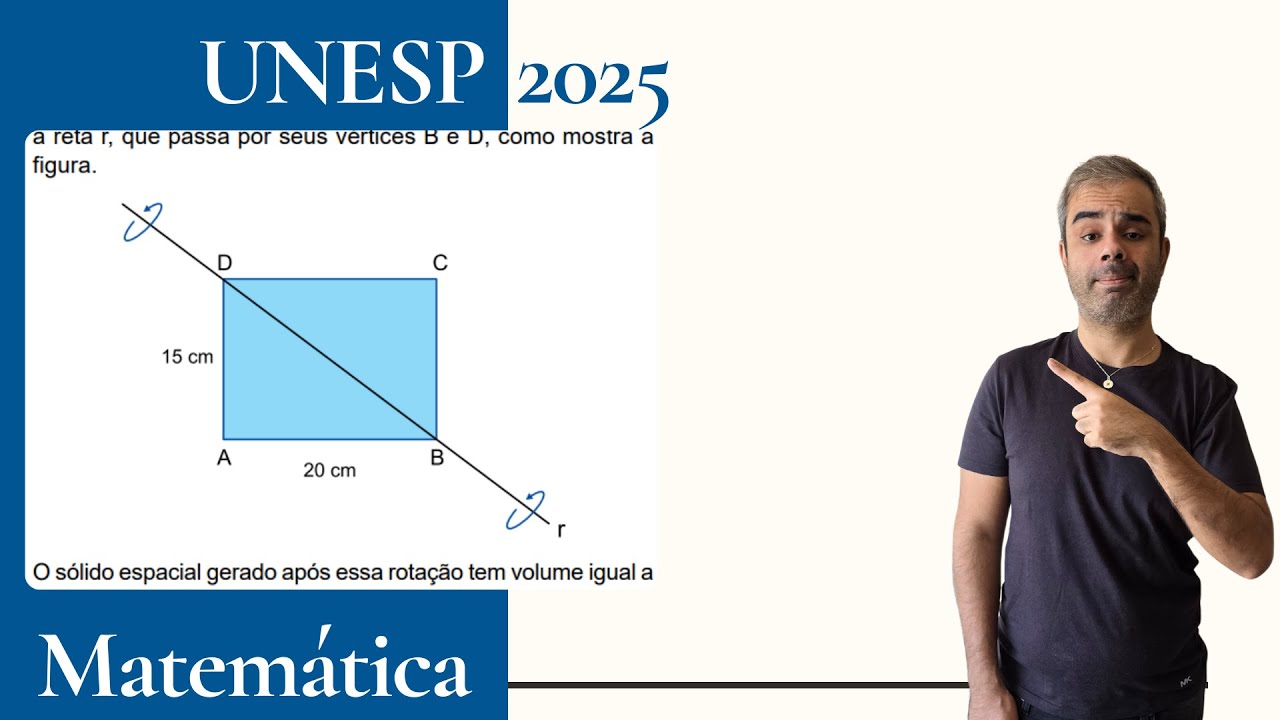 UNESP 2025 - O retângulo ABCD com AB = 20 cm e AD = 15 cm será espacialmente girado de 180º tendo