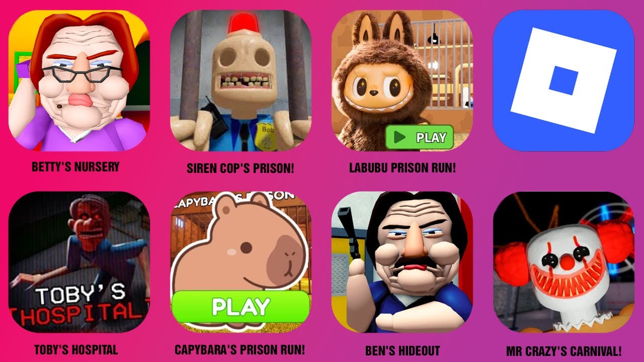 LABUBU PRISON RUN!, BETTY'S NURSERY, CAPYBARA'S PRISON RUN, MR CRAZY'S CARNIVAL, SIREN COP'S PRISON.