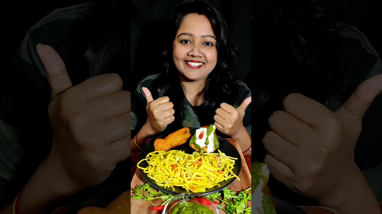 Eating Mirch Pakora, Samosa, Chowmein 