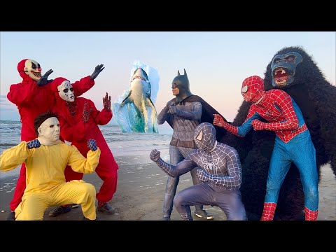 PRO 5 SUPER HERO TEAM Spider Man Go To Face Gorilla At Shark Sea Funny Action Real Life